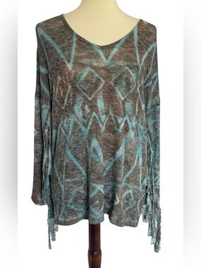 T Party Fringed Aztec Women's Western Boho Longsleeve Sweater - Blue‎ Brown